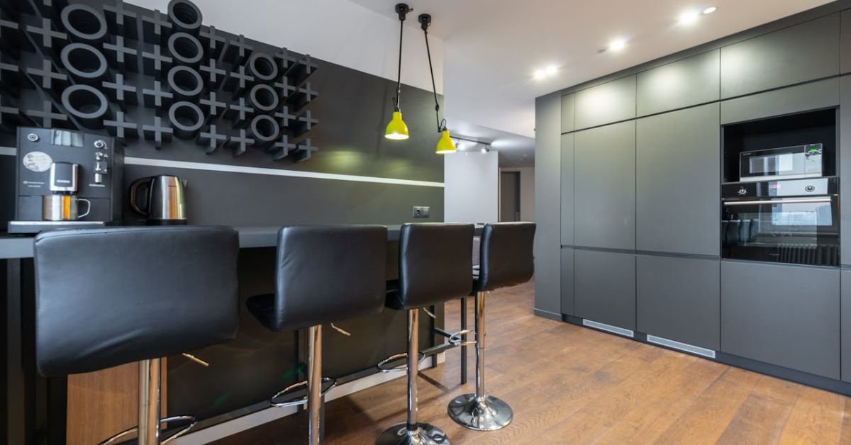 Dark Blue Kitchen Cabinets with Wooden Accents