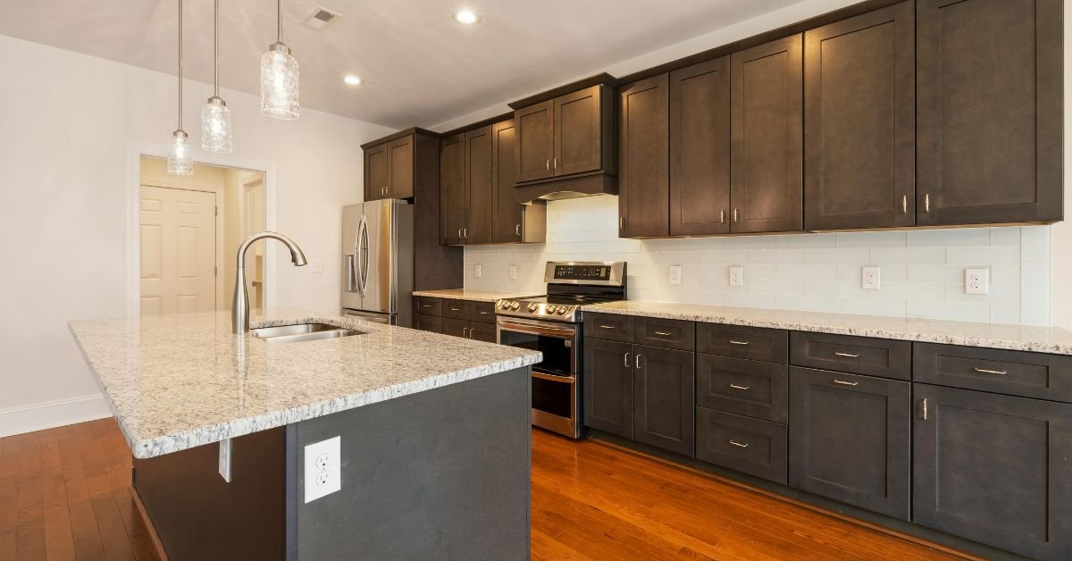 Durable walnut kitchen cabinets in a high-traffic kitchen.