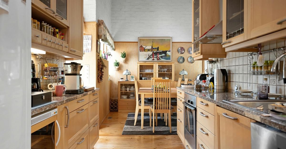 Natural wood kitchen cabinets with rich grain patterns and warm tones.